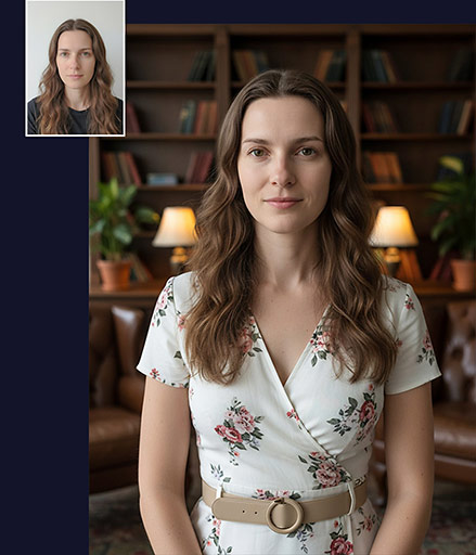 Srovnání: Profesionální portrét ženy v květovaných šatech v knihovně vs. původní selfie