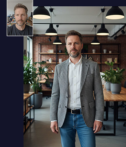 Srovnání: Profesionální portrét muže v kostkovaném saku vs. původní selfie v nepořádku