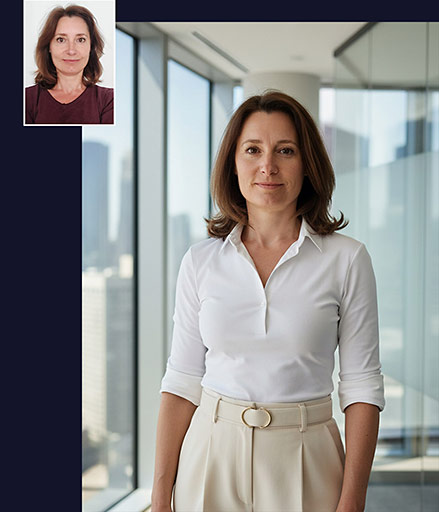 Srovnání: Profesionální business portrét ženy v bílé košili vs. původní foto