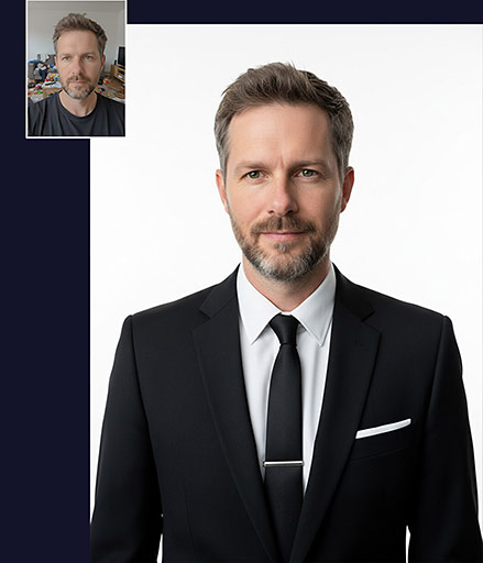 Srovnání: Profesionální portrét muže v černém obleku vs. původní selfie