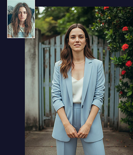 Srovnání: Profesionální portrét ženy ve světle modrém saku u branky vs. původní foto