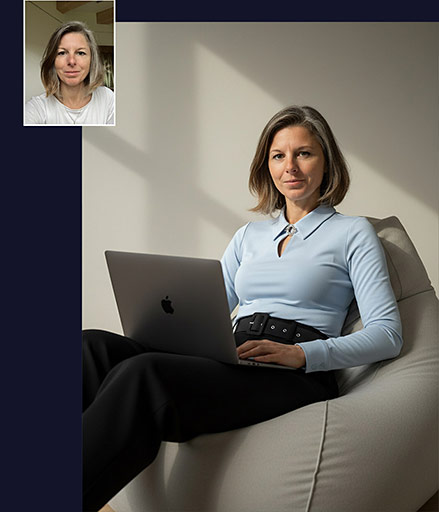 Srovnání: Profesionální portrét ženy pracující na laptopu vs. původní civilní foto