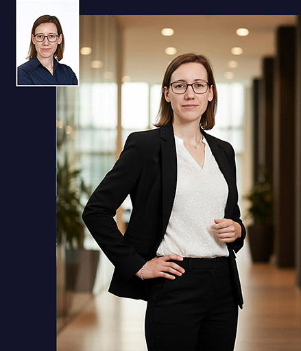 Srovnání: Profesionální portrét ženy v černém saku v atriu vs. původní foto