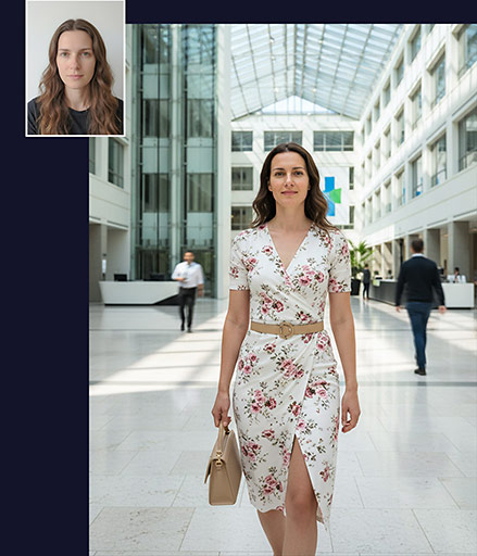 Srovnání: Profesionální portrét ženy v květovaných šatech v atriu vs. původní foto