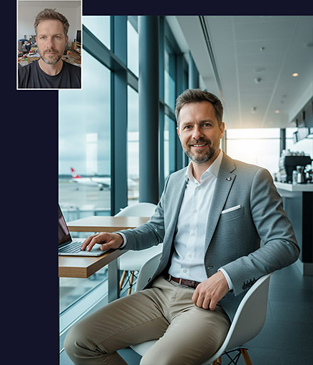 Srovnání: Profesionální portrét muže v šedém saku v kavárně vs. původní selfie