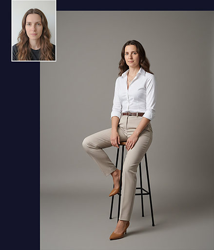 Srovnání: Profesionální portrét ženy v bílé košili a béžových kalhotách vs. původní foto