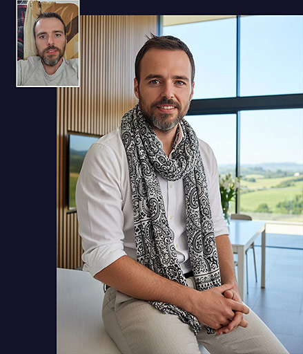 Srovnání: Profesionální portrét muže se šálou v moderním interiéru vs. původní selfie