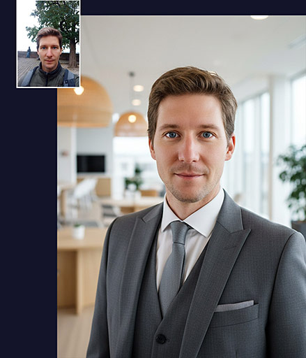 Srovnání: Profesionální business portrét muže v šedém obleku vs. původní foto v přírodě