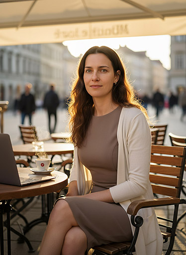 Žena v hnědých šatech sedící v venkovní kavárně