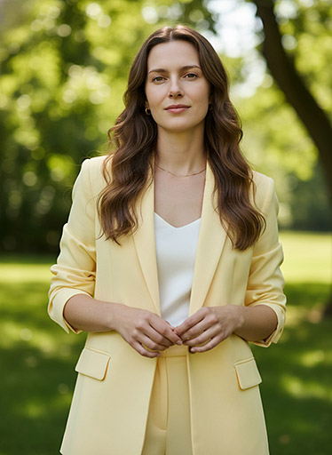 Žena ve žlutém kostýmku stojící v parku